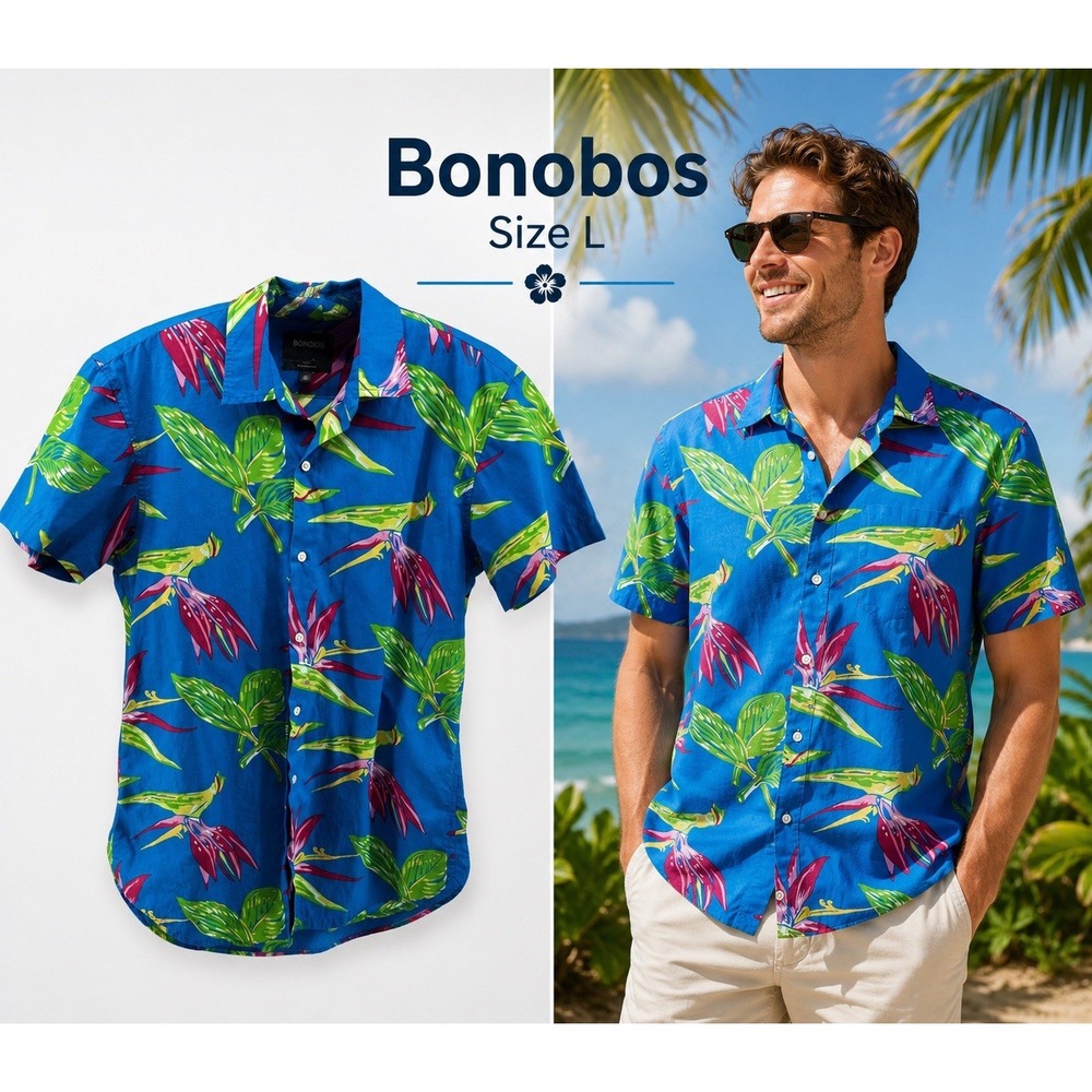 Bonobos Tailored Slim Fit Tropical Hawaiian Shirt Turquoise Floral Mens L Beach